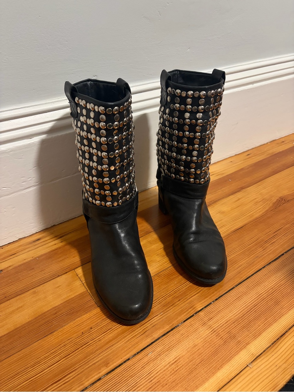 Studded Black Leather Mid-Calf Boots